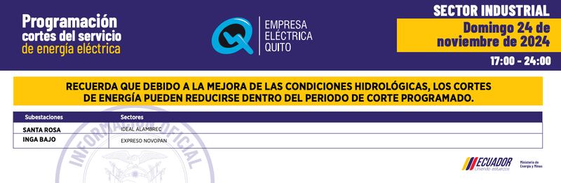 (SECTOR INDUSTRIAL) Cortes de luz en Quito del domingo 24 de noviembre