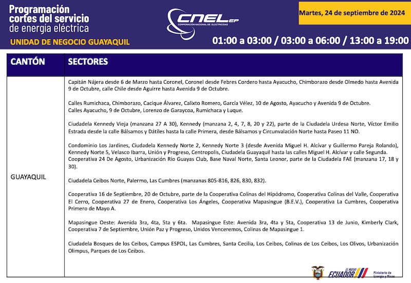 Horario de cortes de luz para este martes 24 de septiembre en Guayaquil
