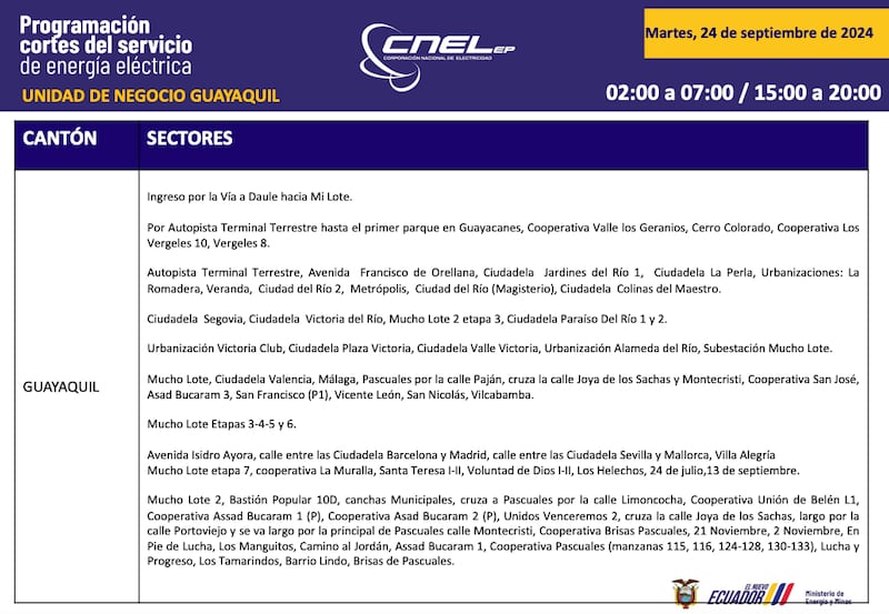 Horario de cortes de luz para este martes 24 de septiembre en Guayaquil.