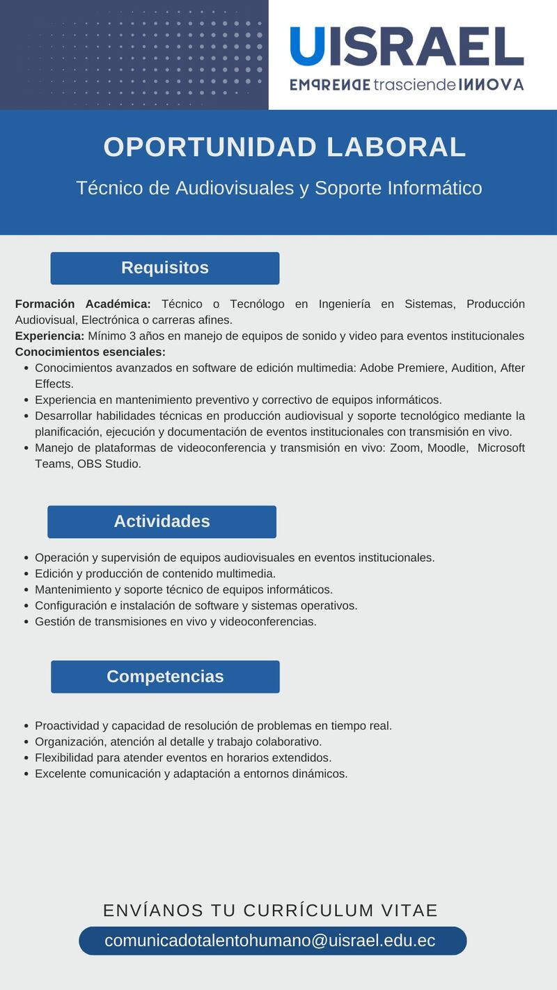 Vacante laboral en la Universidad Israel