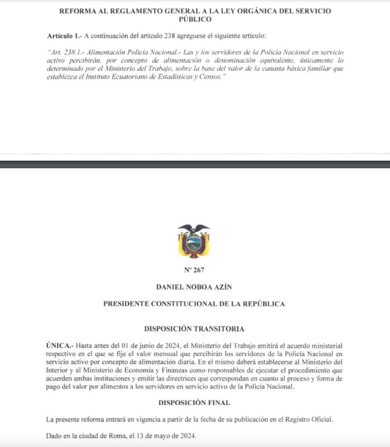 Daniel Noboa suscribió el decreto 267 para entregar un bono de alimentación para policías.