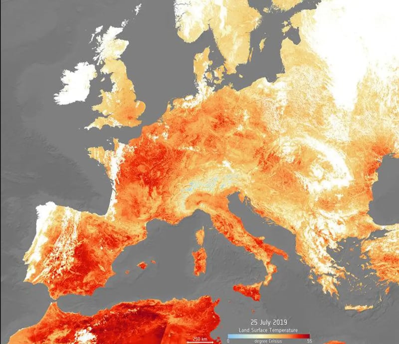 Mapa con datos de Copernicus que muestra una ola de calor extrema en Europa.