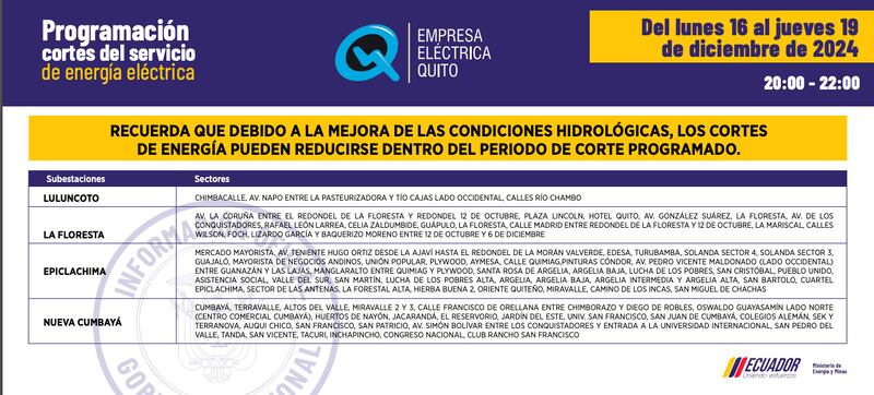 Quito: nuevos horarios de apagones del 16 al 19 de diciembre serán de dos horas. Imagen: EEQ