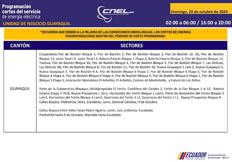 Guayaquil: horarios de cortes de luz para este sábado 19 y domingo 20 de octubre. Imagen: CNEL