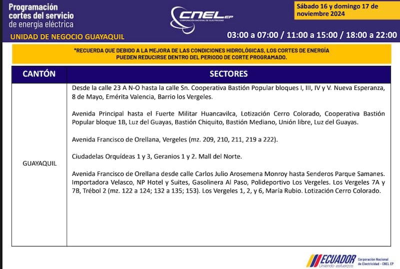 Guayaquil: horarios de cortes de luz de este domingo 17 de noviembre. Imagen: CNEL