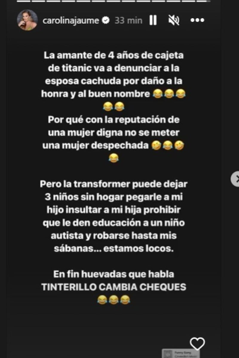 Captura de historia de Instagram de Carolina Jaume