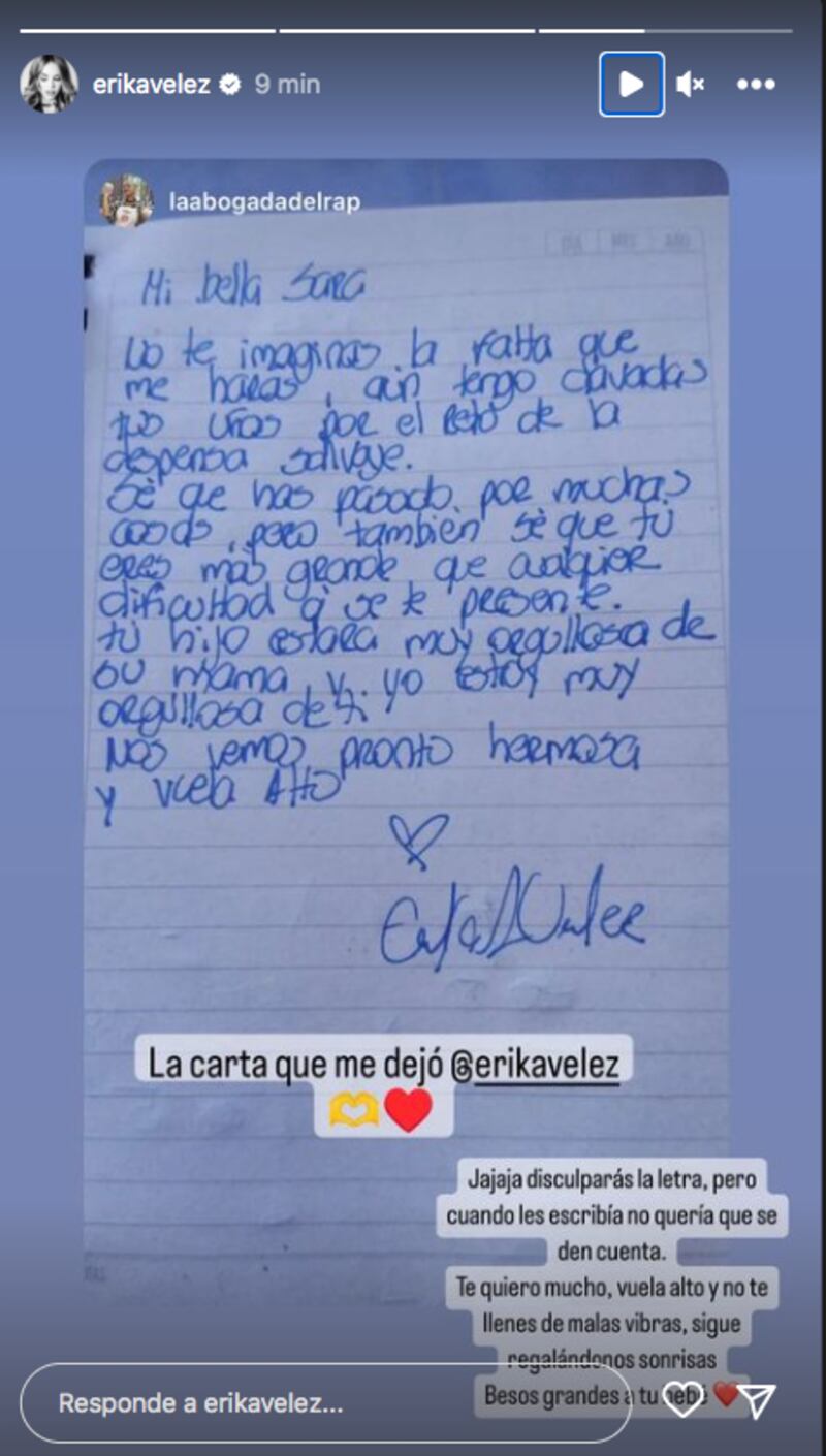 Carta que Érika Vélez le dio a Sara de MasterChef Ecuador