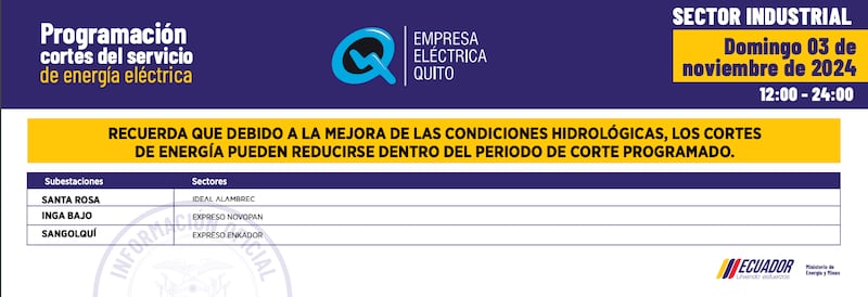 Quito: horarios de cortes de luz del 28 de octubre al 3 de noviembre