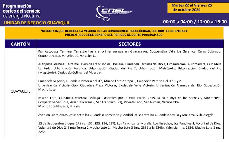 Cortes de luz en Guayaquil del martes 22 al viernes 25 de octubre