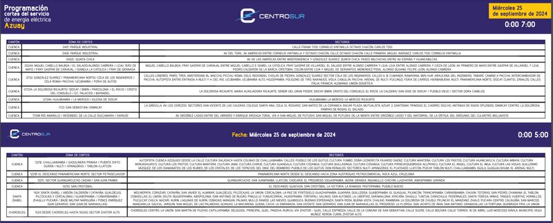 Cortes de luz para el miércoles 25 de septiembre de 2024