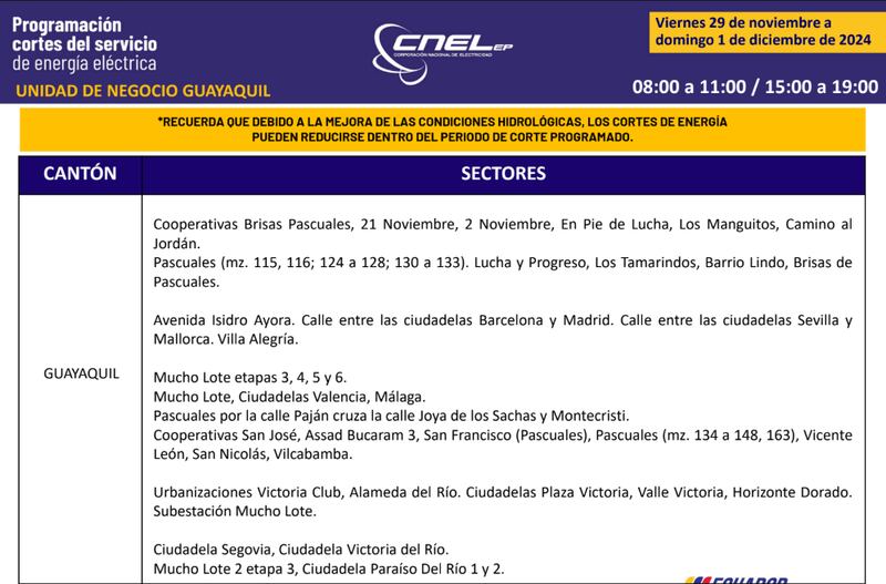 Cortes de luz en Guayaquil hasta el 1 de diciembre