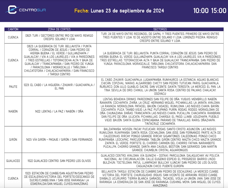 Cuenca: horarios de cortes de luz para este lunes 23 de septiembre.