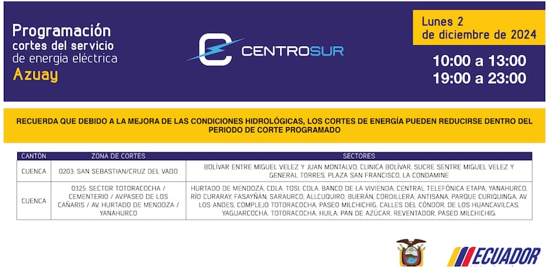 Cuenca: revise el cronograma de cortes de luz de este lunes 2 de diciembre. Imagen: CENTROSUR