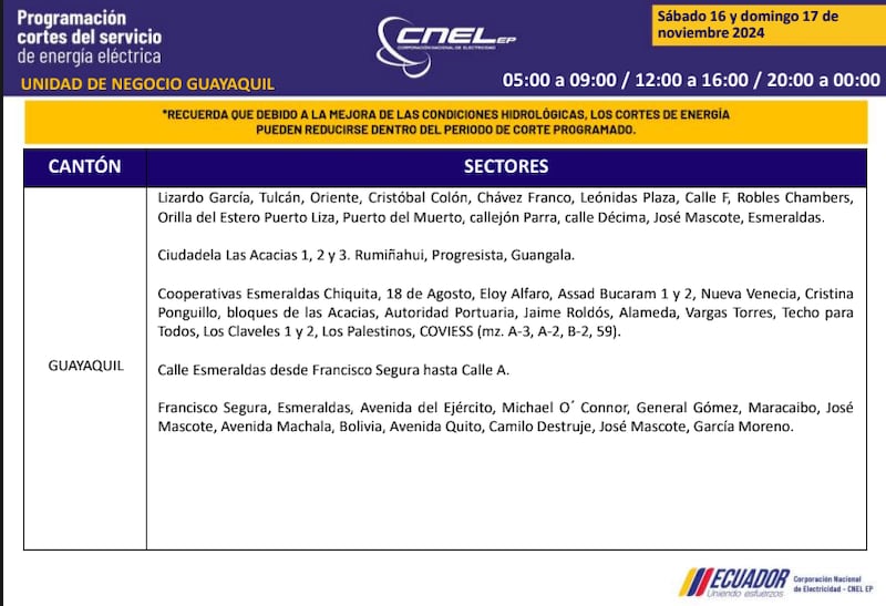 Guayaquil: horarios de cortes de luz de este domingo 17 de noviembre. Imagen: CNEL