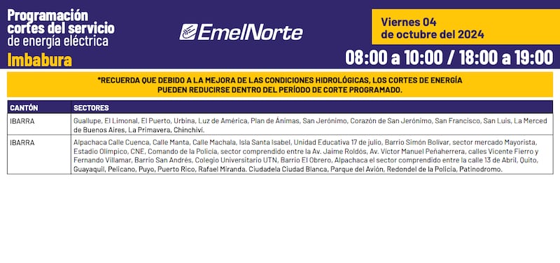 Horarios de cortes de luz en Pichincha el 4 de octubre