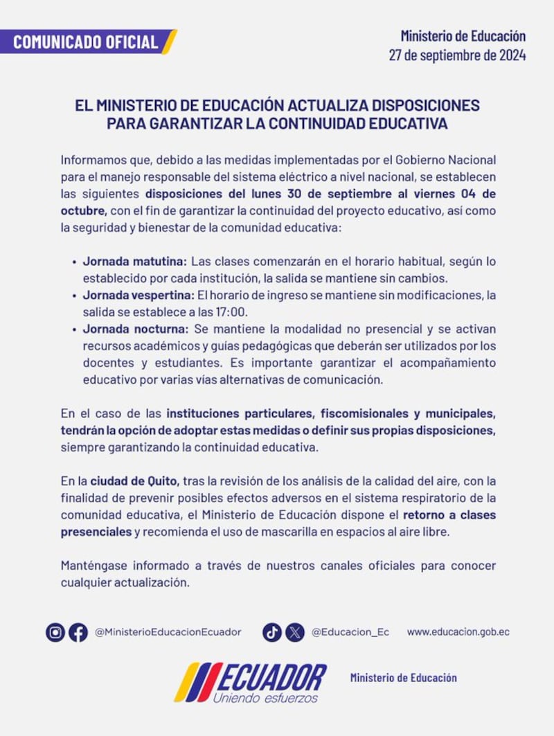 Nuevas disposiciones para las clases desde este lunes 30 de septiembre