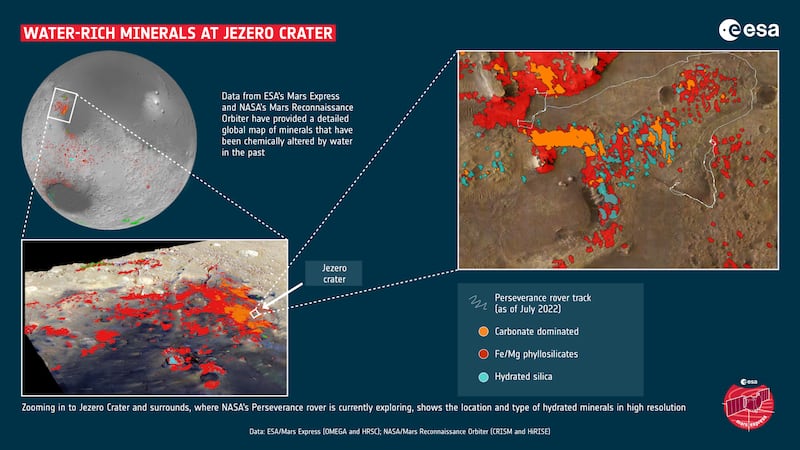 Zonas del cráter Jezero que tuvieron agua