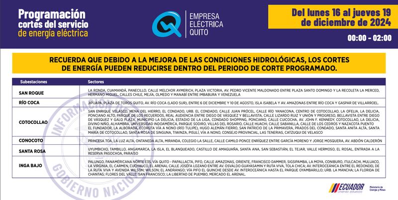 Quito: nuevos horarios de apagones del 16 al 19 de diciembre serán de dos horas. Imagen: EEQ