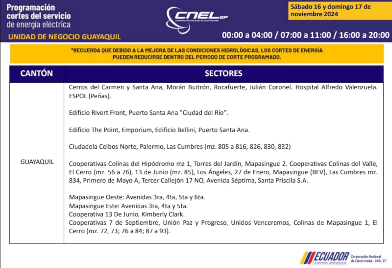 Guayaquil: horarios de cortes de luz de este domingo 17 de noviembre. Imagen: CNEL