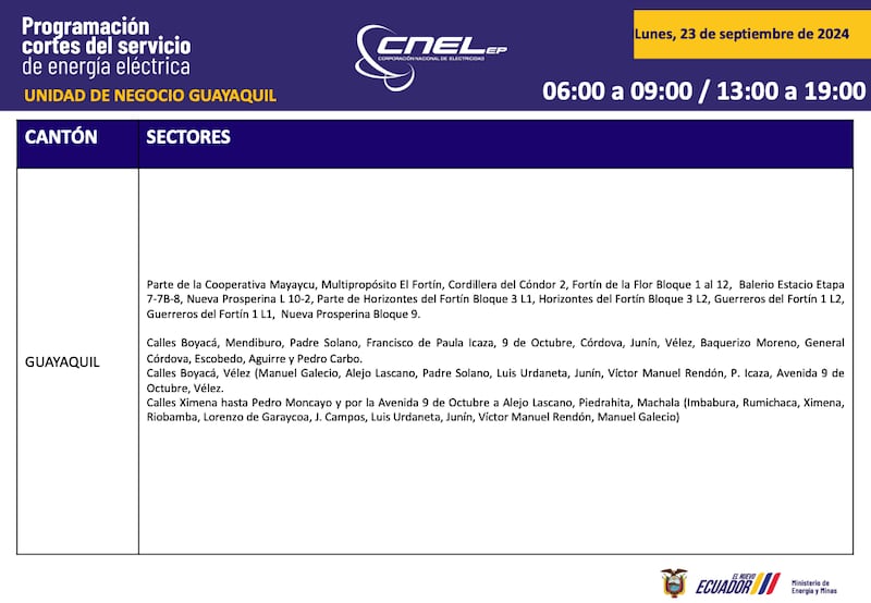Así quedan los horarios de cortes de luz para Guayaquil.