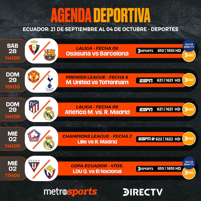 Agenda DIRECTV del 21 de septiembre al 04 de octubre