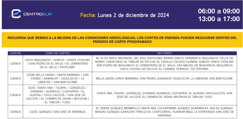 Cuenca: revise el cronograma de cortes de luz de este lunes 2 de diciembre. Imagen: CENTROSUR