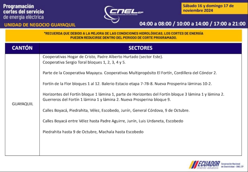 Guayaquil: horarios de cortes de luz de este domingo 17 de noviembre. Imagen: CNEL