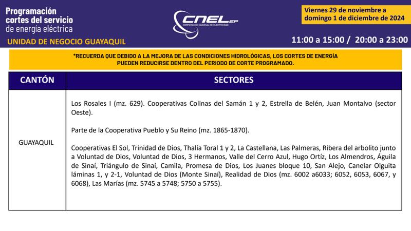 Cortes de luz en Guayaquil hasta el 1 de diciembre