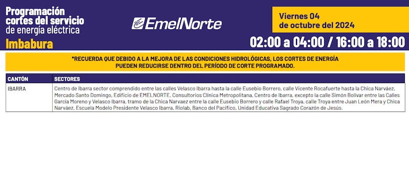 Horarios de cortes de luz en Pichincha el 4 de octubre