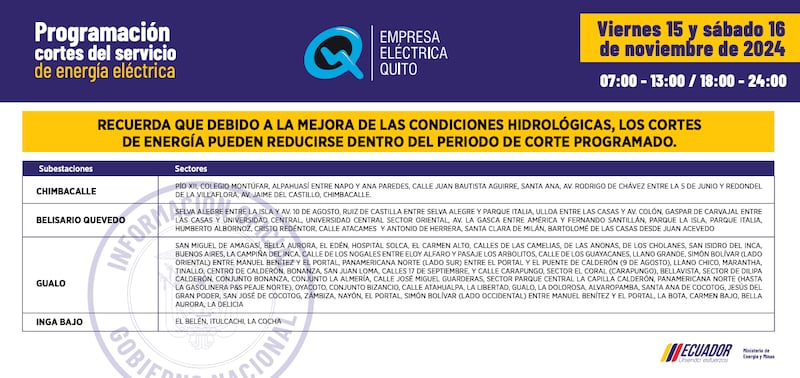 CORTES DE LUZ VIERNES 15 Y SÁBADO 16 DE NOVIEMBRE