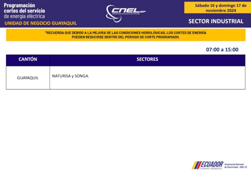 Guayaquil: horarios de cortes de luz de este domingo 17 de noviembre. Imagen: CNEL