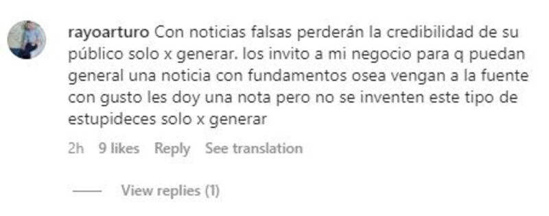 Comentario de Rayo Viscarra en Instagram