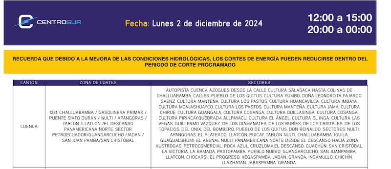 Cuenca: revise el cronograma de cortes de luz de este lunes 2 de diciembre. Imagen: CENTROSUR