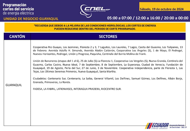 Guayaquil: horarios de cortes de luz para este sábado 19 y domingo 20 de octubre. Imagen: CNEL