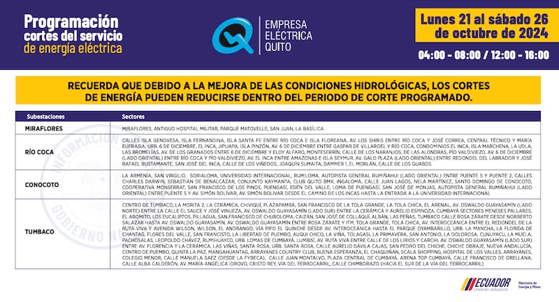 Horarios de corte de luz en Quito hasta el 26 de octubre