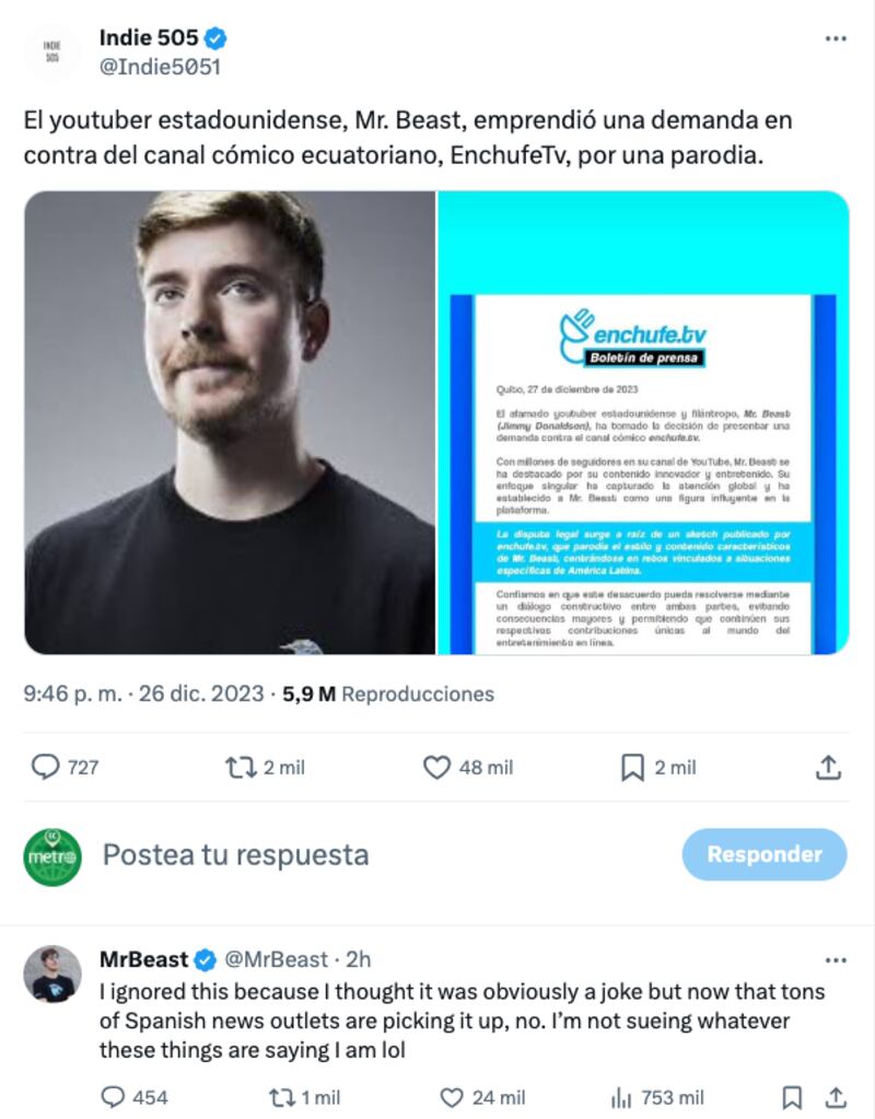 La reacción Mr. Beast por la broma de EnchufeTV de una "demanda" contra los ecuatorianos