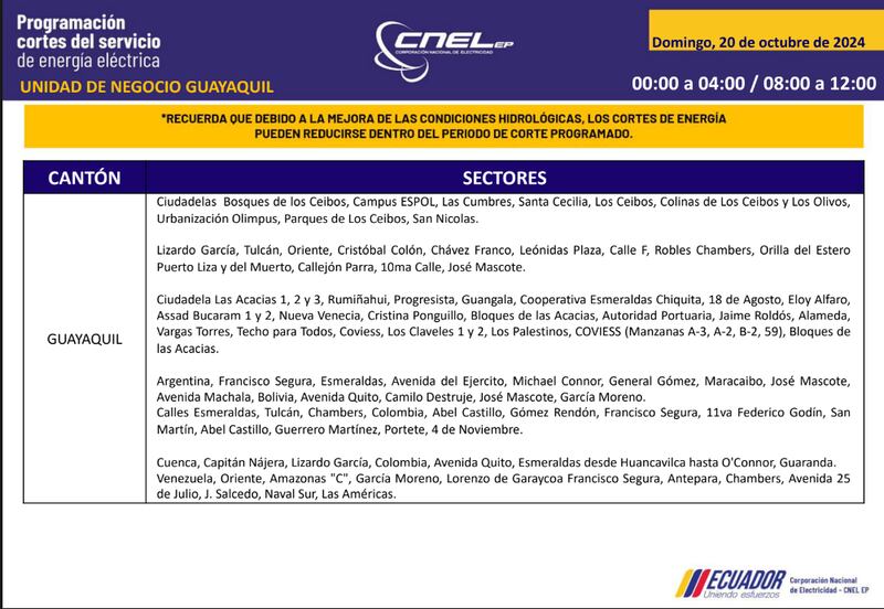 Guayaquil: horarios de cortes de luz para este sábado 19 y domingo 20 de octubre. Imagen: CNEL