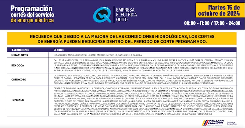 Quito: recuerde los horarios de cortes de luz para este 15 de octubre