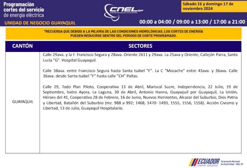 Guayaquil: horarios de cortes de luz de este domingo 17 de noviembre. Imagen: CNEL