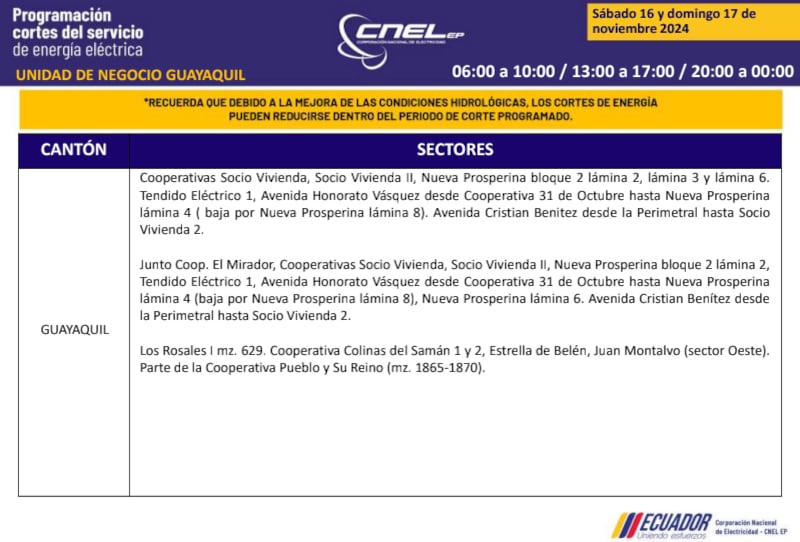 Guayaquil: horarios de cortes de luz de este domingo 17 de noviembre. Imagen: CNEL