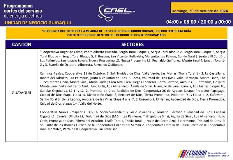 Guayaquil: horarios de cortes de luz para este sábado 19 y domingo 20 de octubre. Imagen: CNEL