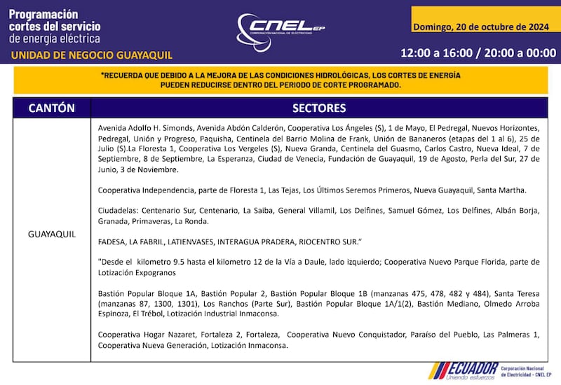 Guayaquil: horarios de cortes de luz para este sábado 19 y domingo 20 de octubre. Imagen: CNEL