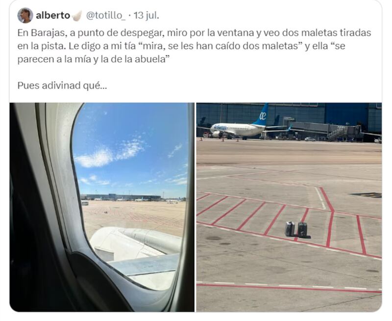 La historia de joven que vio cómo despegaba el avión con sus maletas abajo.