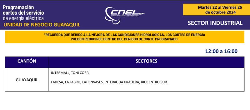 Cortes de luz en Guayaquil del martes 22 al viernes 25 de octubre