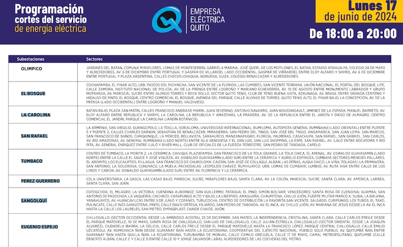 Quito: horarios y sectores donde habrá cortes de luz hasta las 22h00 este lunes 17 de junio