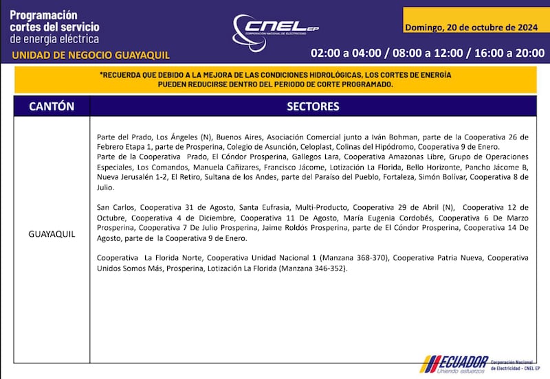 Guayaquil: horarios de cortes de luz para este sábado 19 y domingo 20 de octubre. Imagen: CNEL