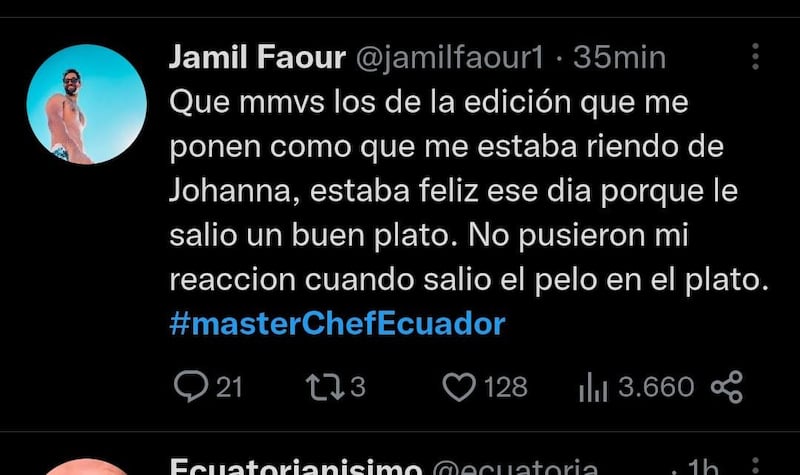 El tuit de Jamil quejándose de la producción, que luego borró de Twitter