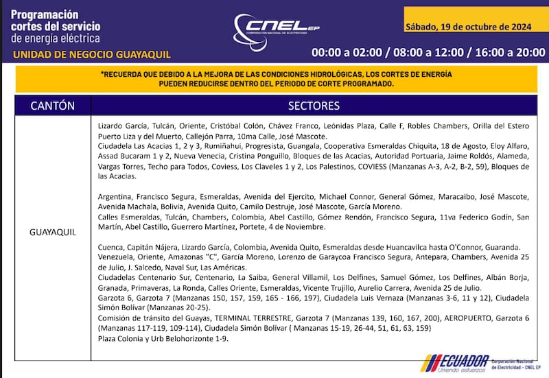 Guayaquil: horarios de cortes de luz para este sábado 19 y domingo 20 de octubre. Imagen: CNEL