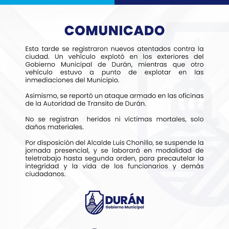 Suspenden la jornada laboral tras atentados en las inmediaciones del Municipio de Durán