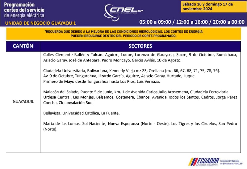 Guayaquil: horarios de cortes de luz de este domingo 17 de noviembre. Imagen: CNEL